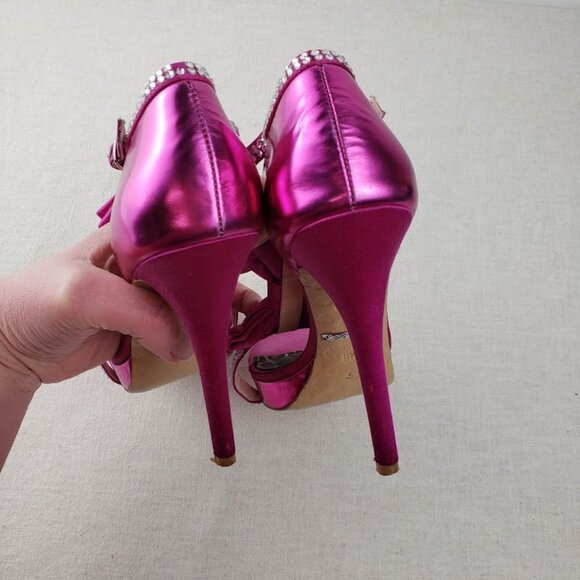Betsey Johnson Stiletto Heels Strappy Fuschia Pink Rhinestone Bow Size 6.5 - Picture 6 of 14